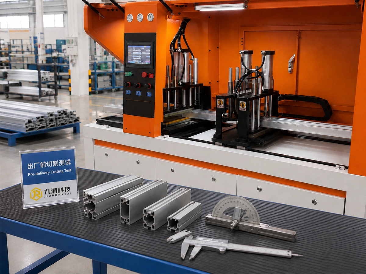 Pre-shipment aluminum profile cutting test at Jiurun factory