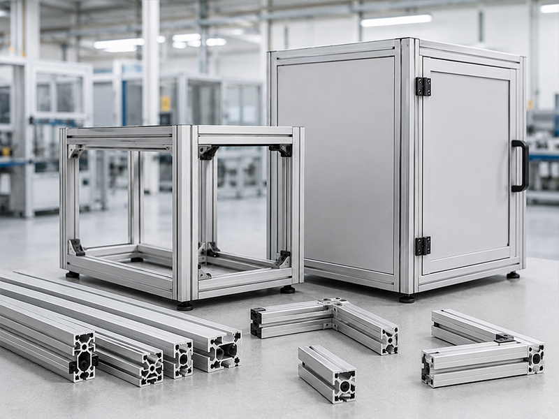 Aluminum equipment enclosure frame and visible profile sections