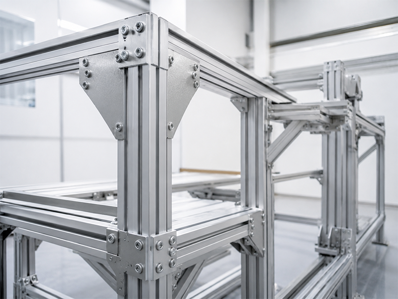 Industrial aluminum machine frame corner connection made from cut aluminum profiles