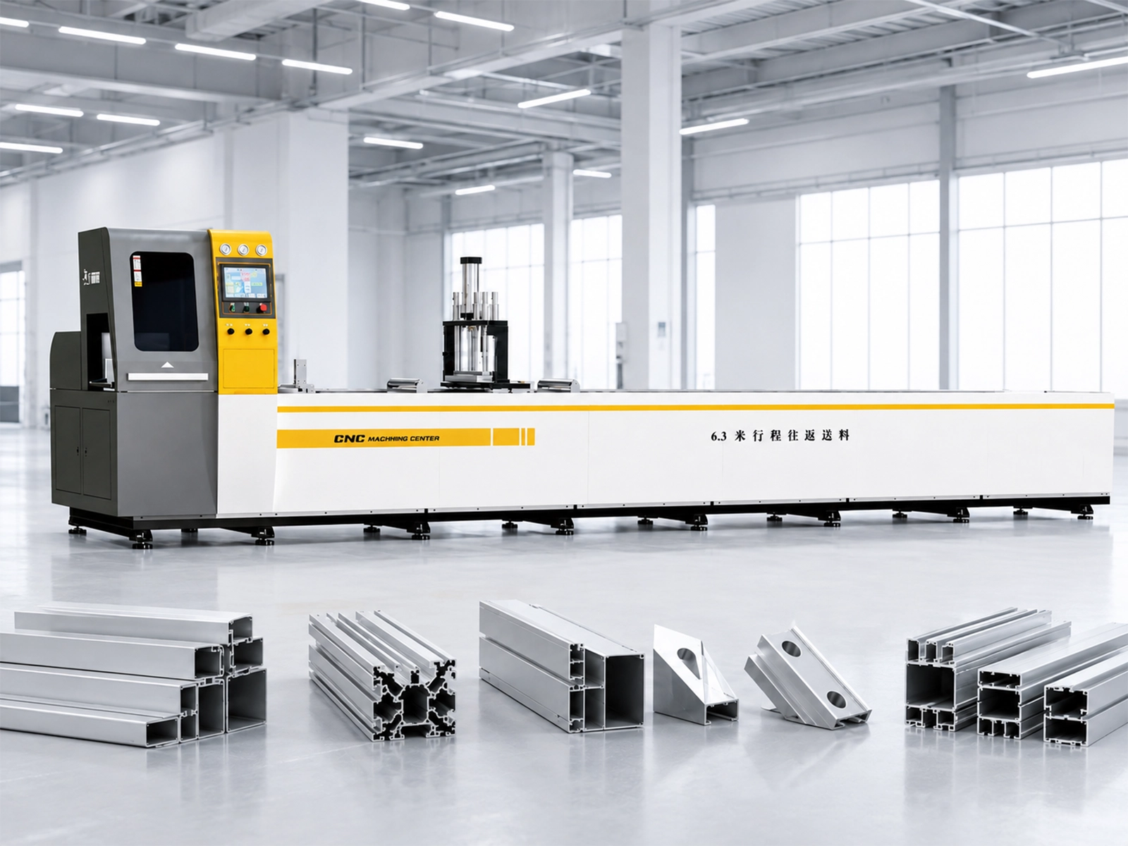 Illustration of a cutting machine with a long feeding bed and aluminum profile examples