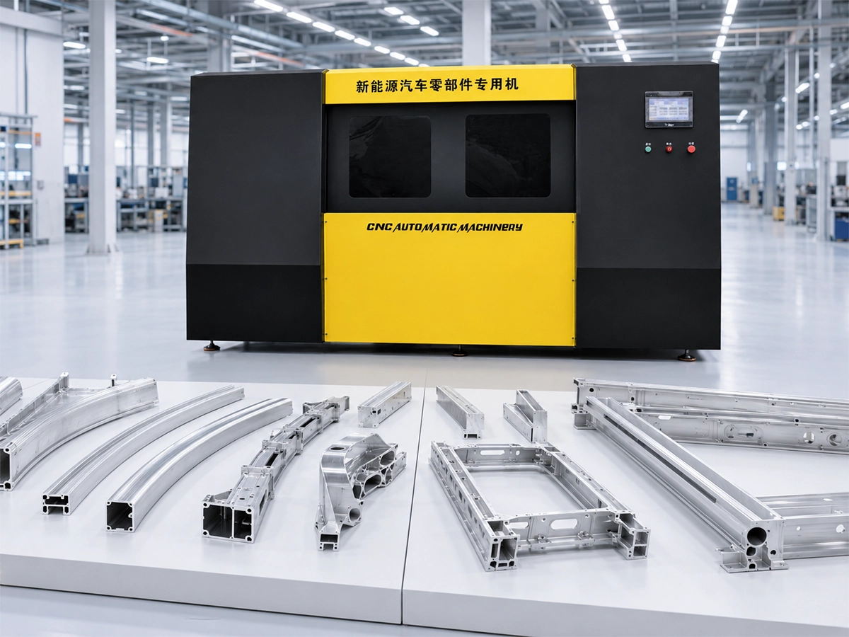 EV aluminum structural profiles and finished components shown with a Jiurun cutting machine