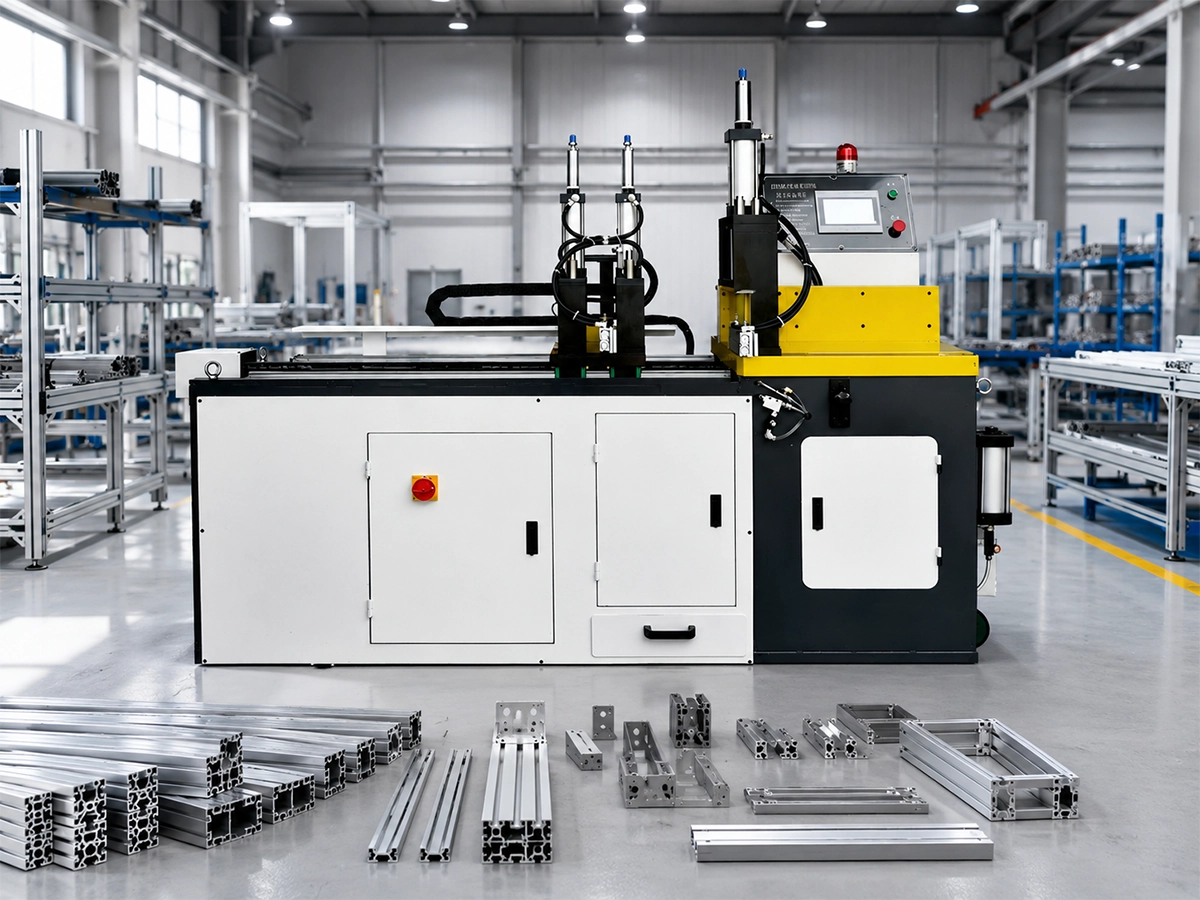 Industrial Aluminum Profile Cutting with JR-455CNC | JiurunCut JR-455CNC cutting system for varied industrial aluminum profile applications
