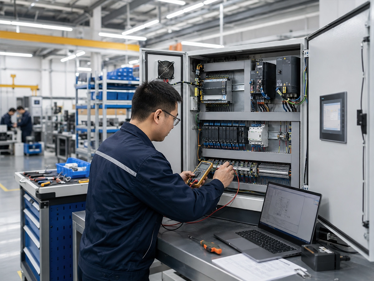 Aluminum Cutting Machine Electrical Control Integration | JiurunCut JiurunCut engineer integrating electrical controls for an aluminum cutting machine