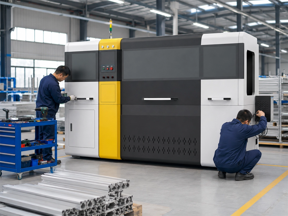 JiurunCut technicians assembling and checking a JR-650CNC aluminum cutting machine before testing