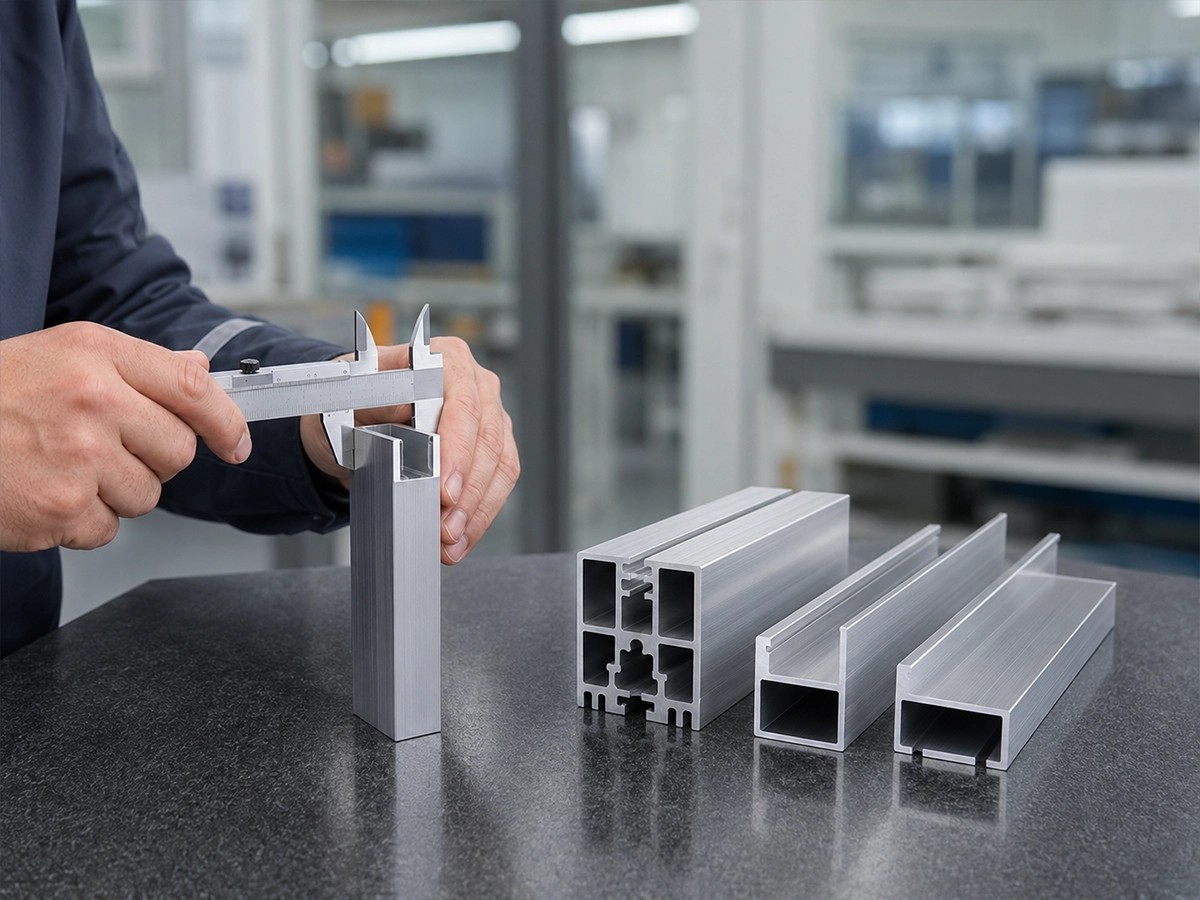 Engineer measuring a finished aluminum profile after sample cutting