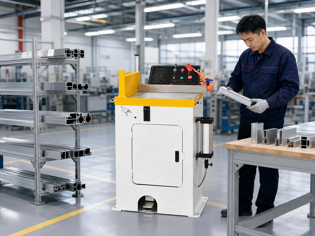 JR-455Q Semi-Automatic Aluminum Cutting Machine | JiurunCut JR-455Q semi-automatic aluminum cutting machine with operator inspecting a sample