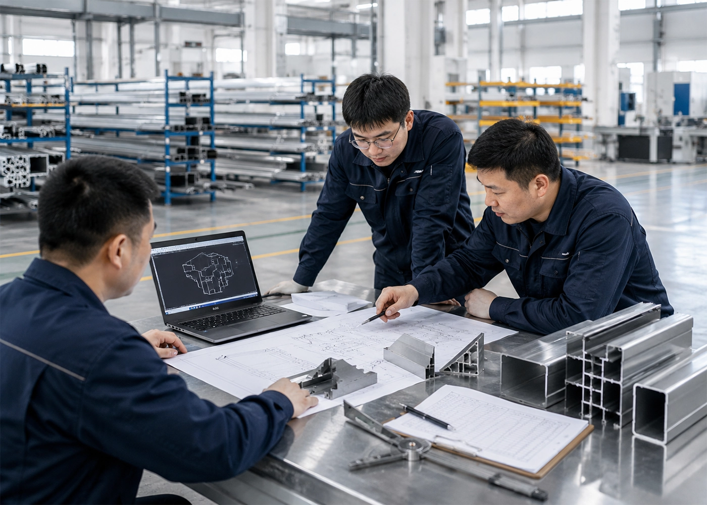 Aluminum Cutting Engineering Review Team | JiurunCut JiurunCut engineers reviewing aluminum profile drawings and cutting requirements