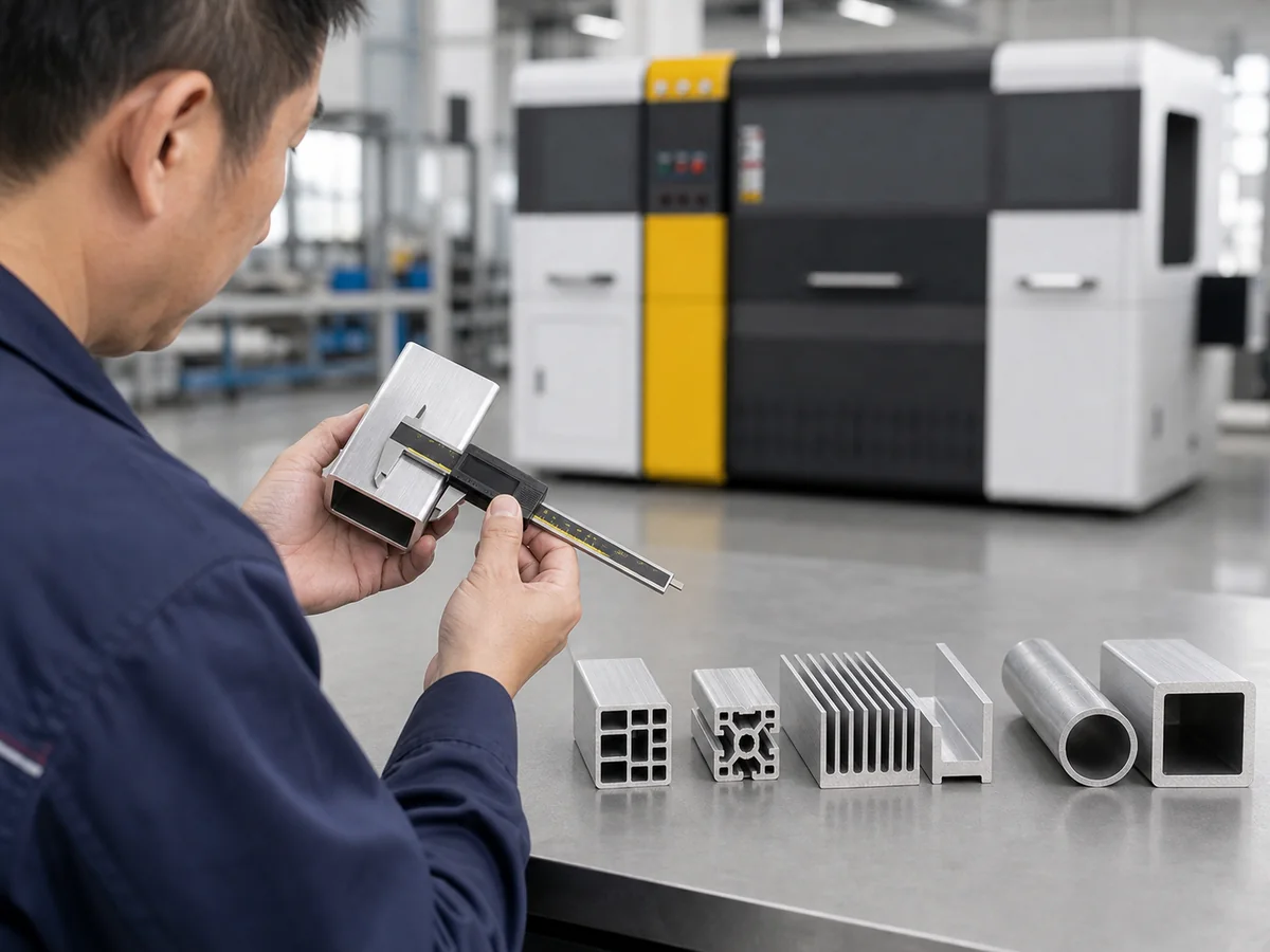 Aluminum sample checked with a caliper during cutting-quality inspection