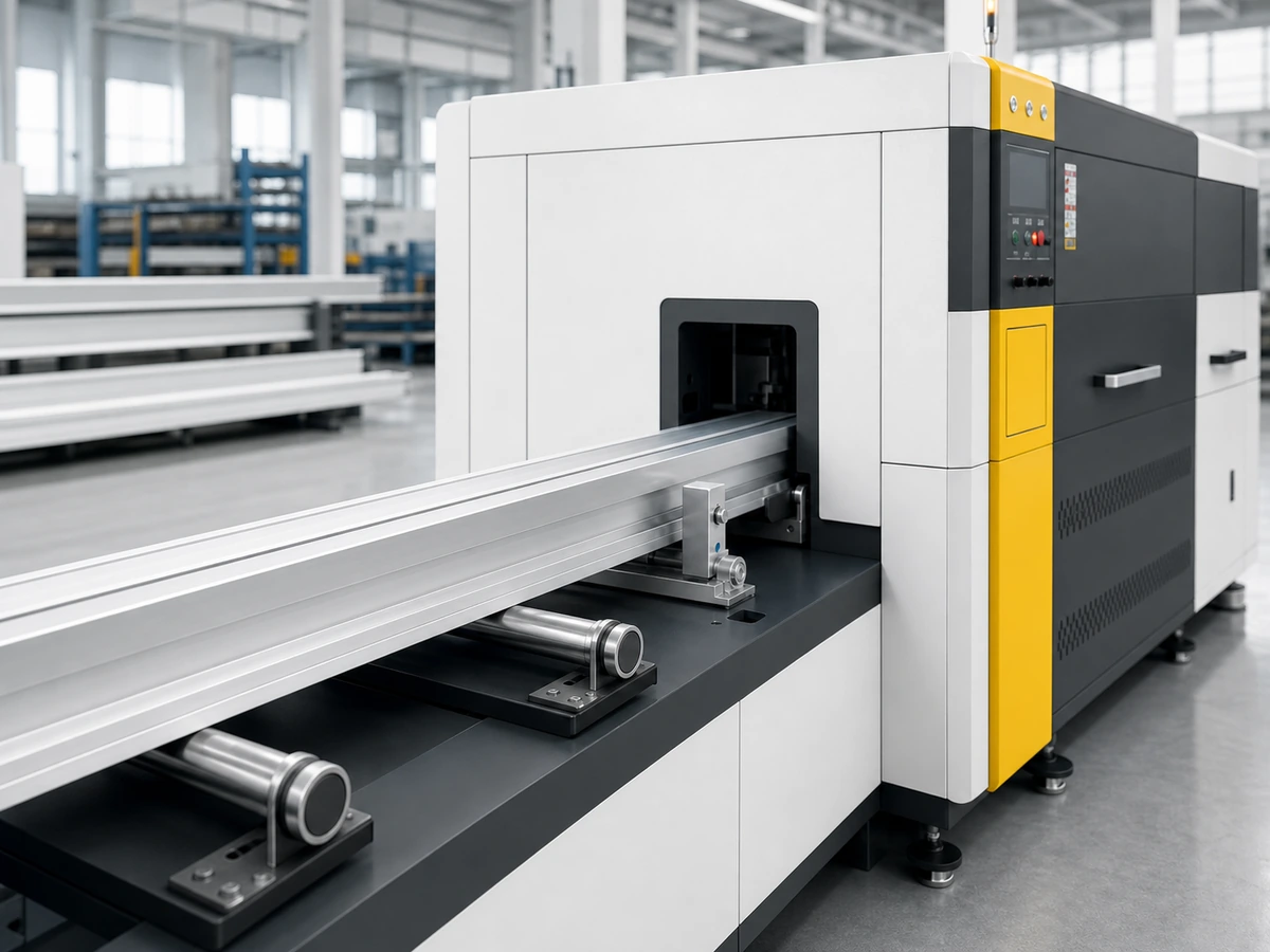 Automatic aluminum cutting machine feeding an aluminum profile through the controlled feeding system