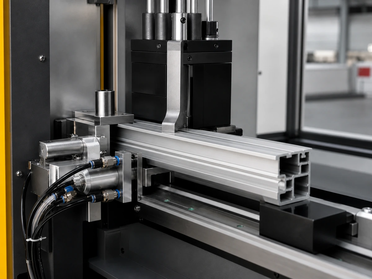 Aluminum profile positioned and clamped inside an automatic aluminum cutting machine