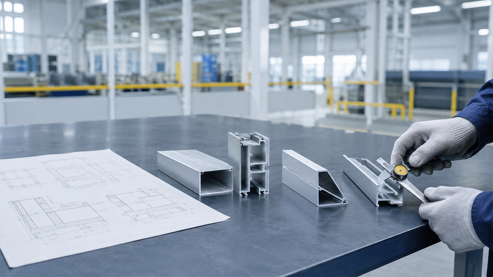 Aluminum profile drawing and sample extrusions prepared for engineering review
