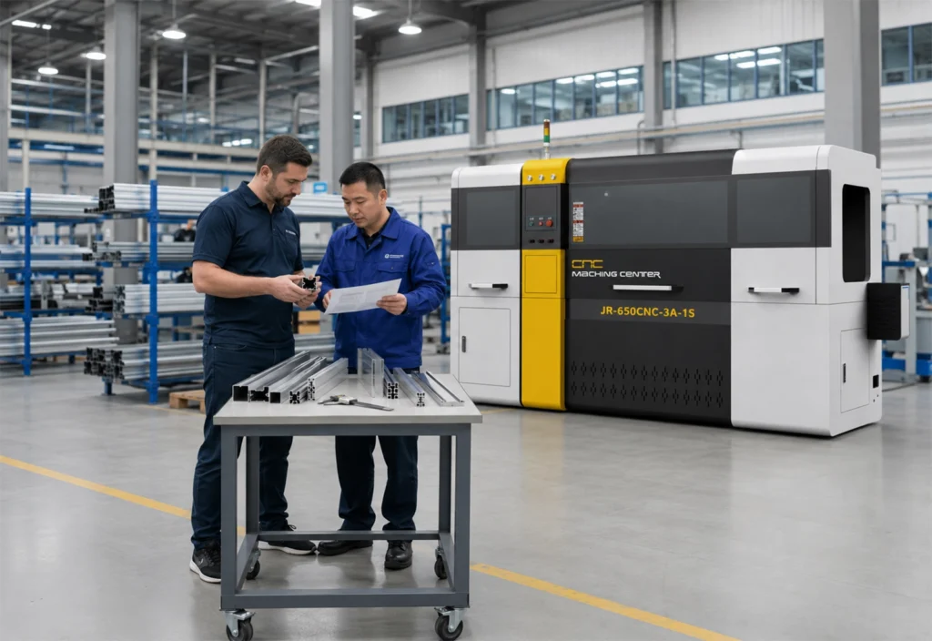 JiurunCut engineers inspecting aluminum samples beside an industrial cutting machine