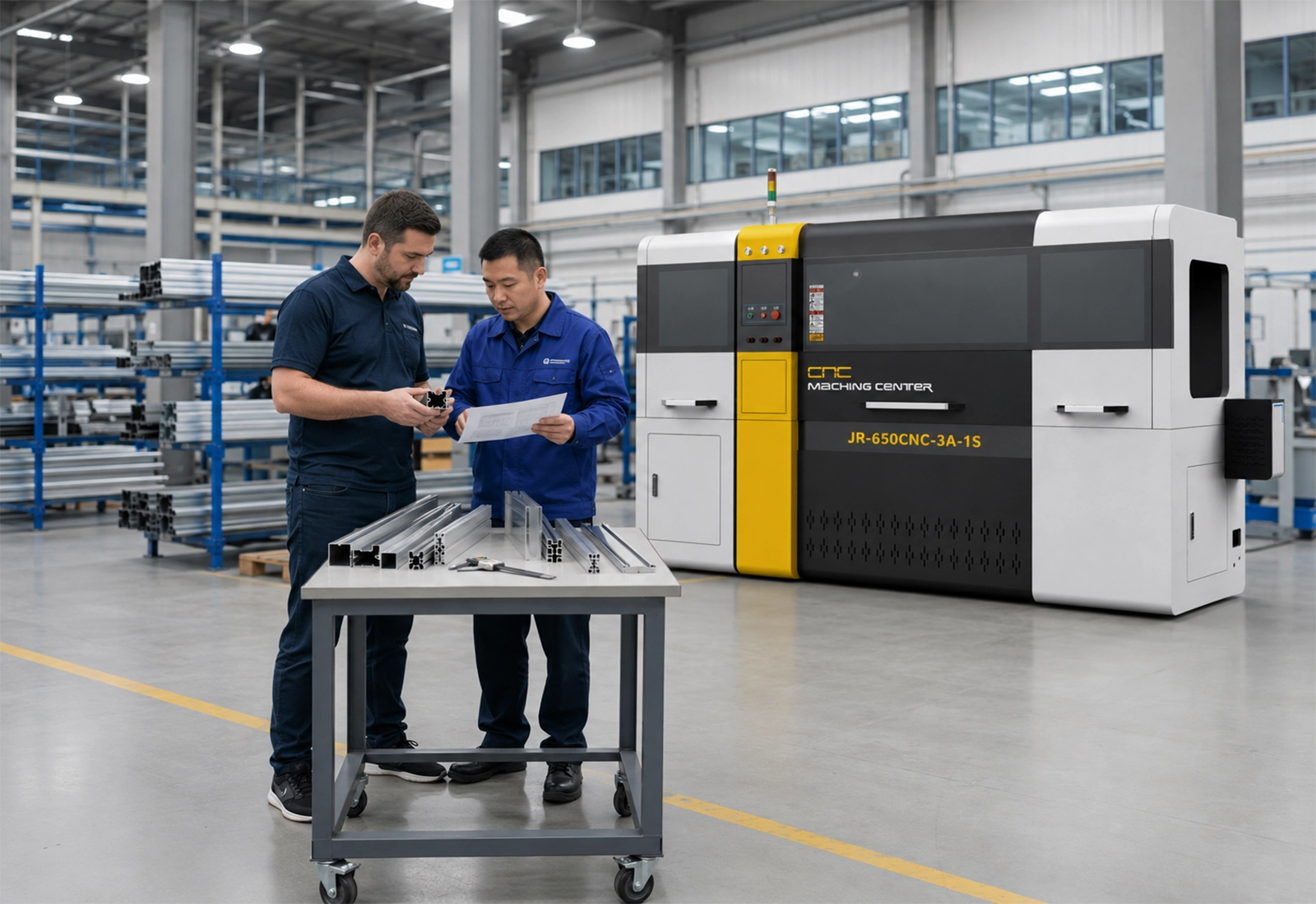 JiurunCut engineers inspecting aluminum samples beside an industrial cutting machine