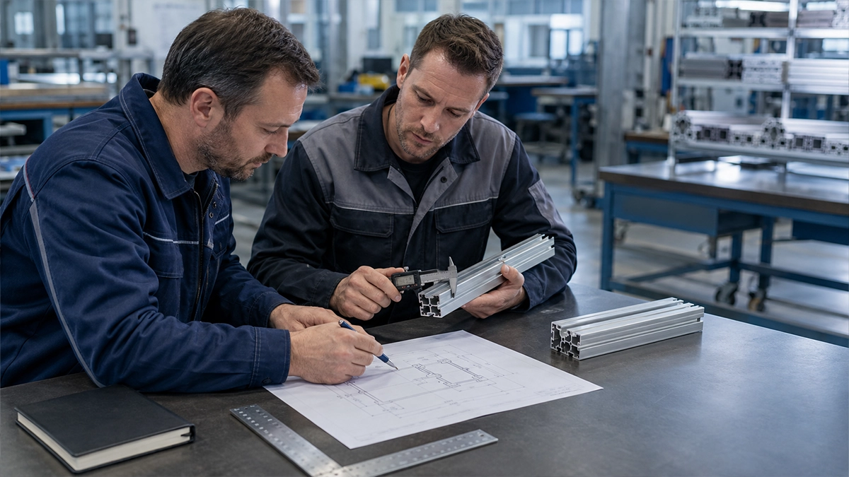 Buyer and engineer reviewing an aluminum profile drawing