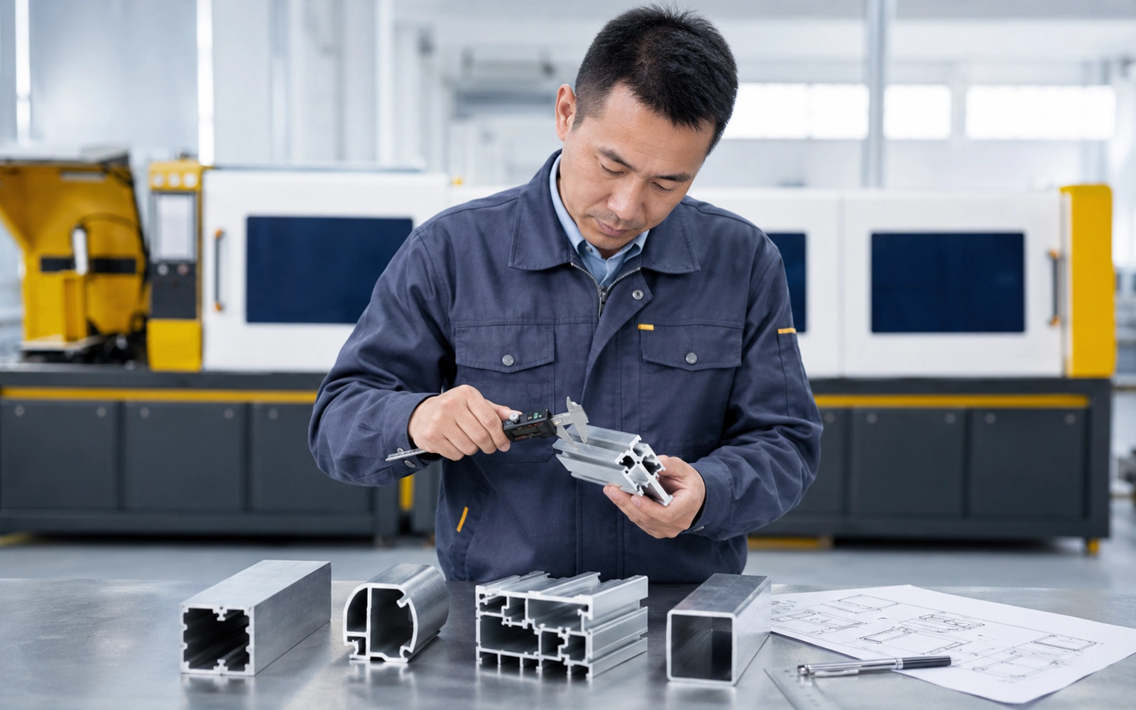 JiurunCut technician inspecting an aluminum angle cutting sample