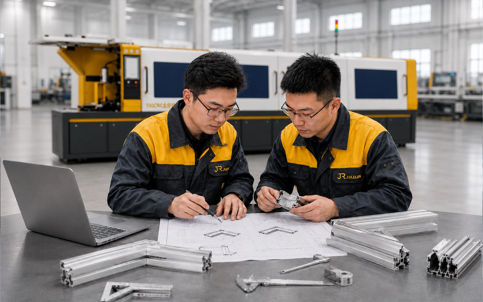 Jiurun engineer reviewing an aluminum profile drawing for machine selection