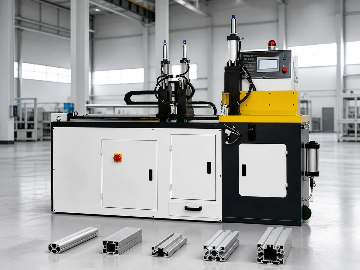 JR-455CNC aluminum cutting machine displayed with representative extrusion profile sections
