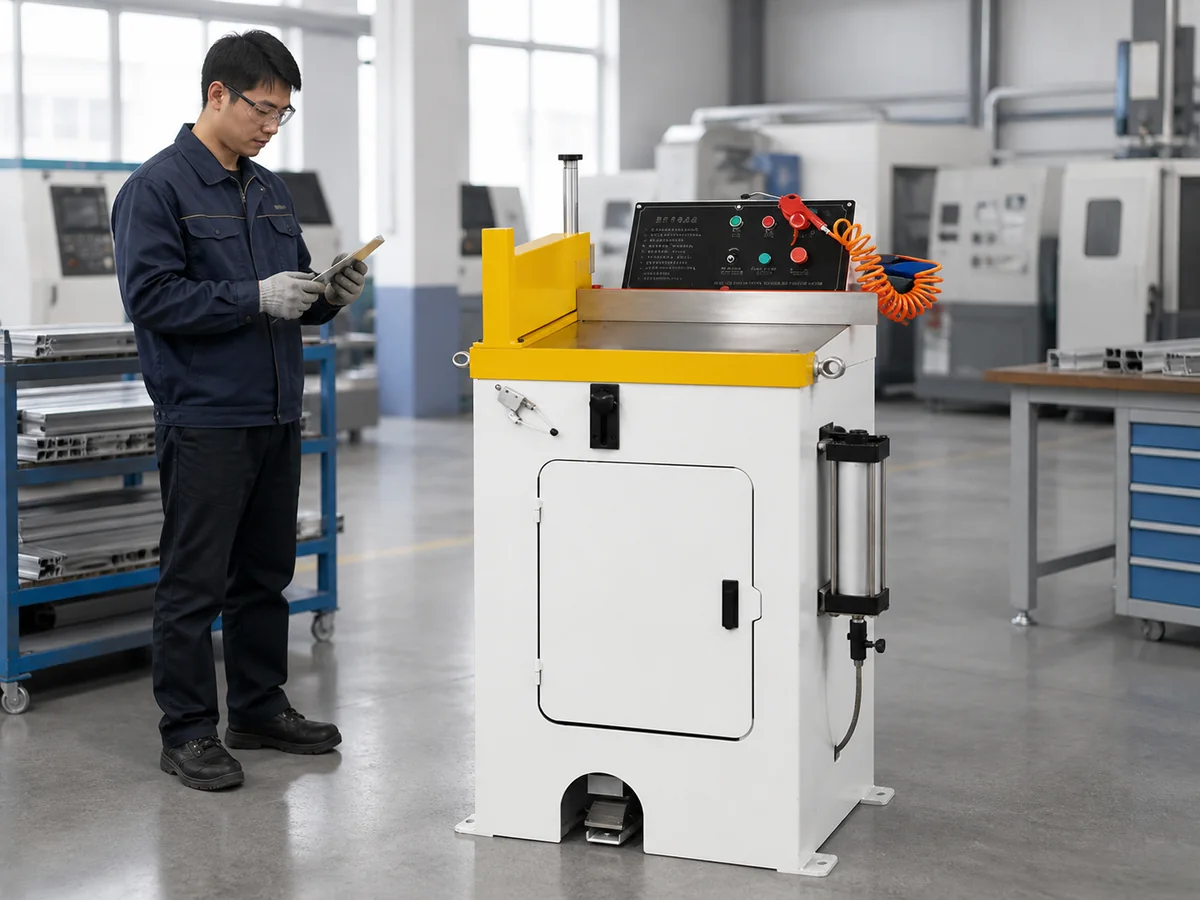 Technician beside JR-455Q semi-automatic aluminum cutting machine in a clean workshop