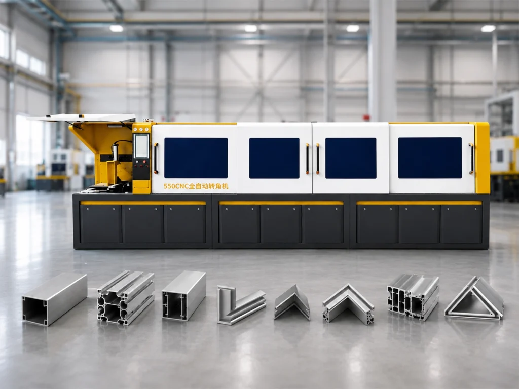 JR-550CNC-CORNER automatic multi-angle aluminum cutting machine with representative profile samples