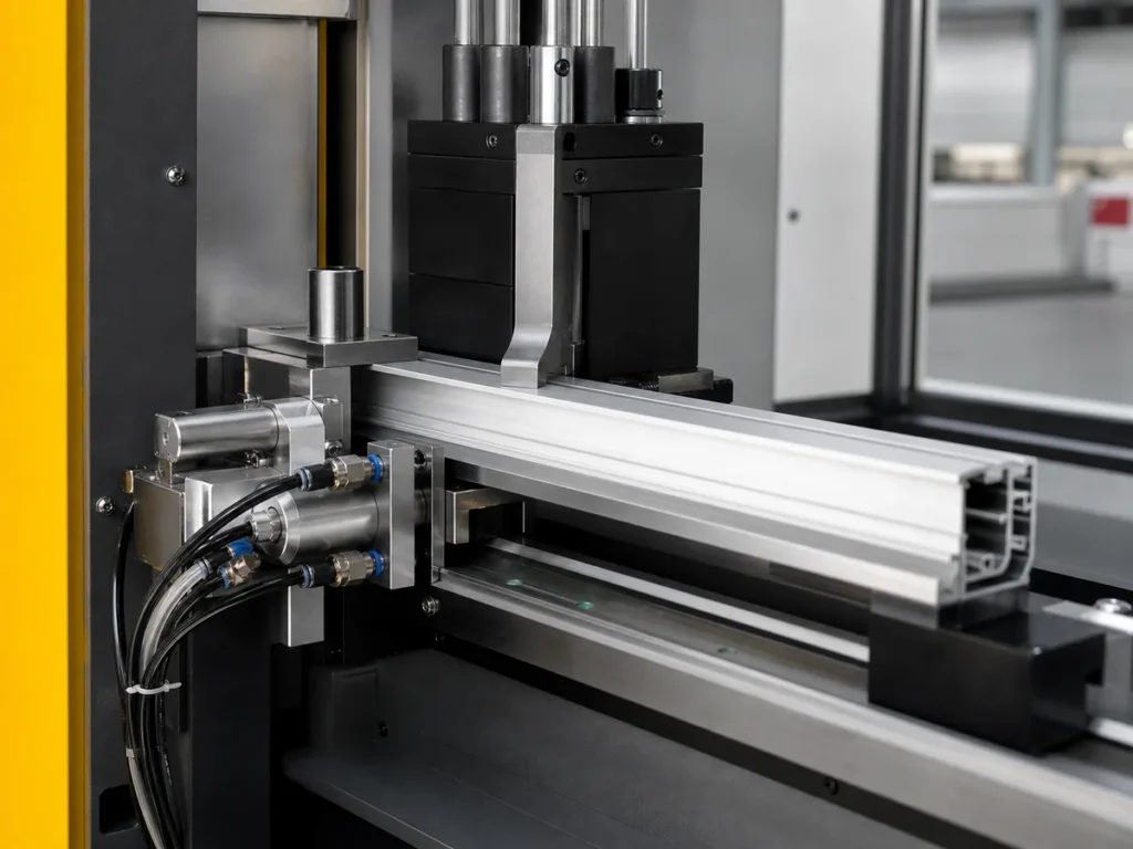 Aluminum profile held by the JR-650CNC clamping and positioning mechanism before cutting