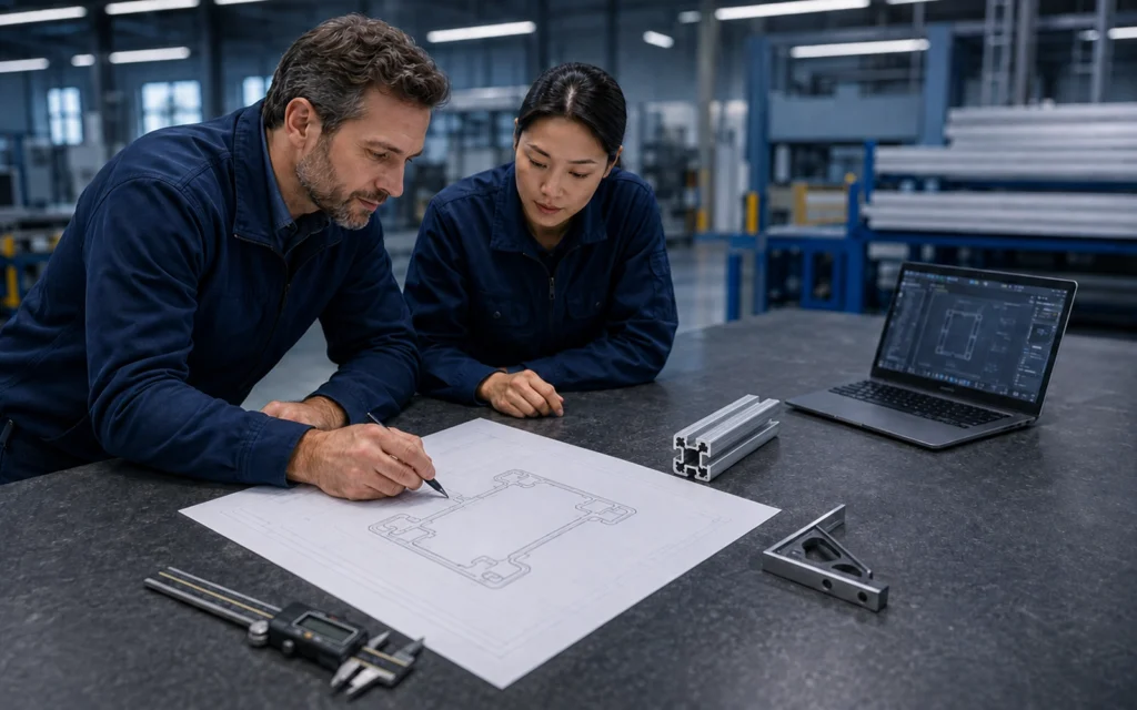 Engineers reviewing aluminum profile drawing and cutting requirements