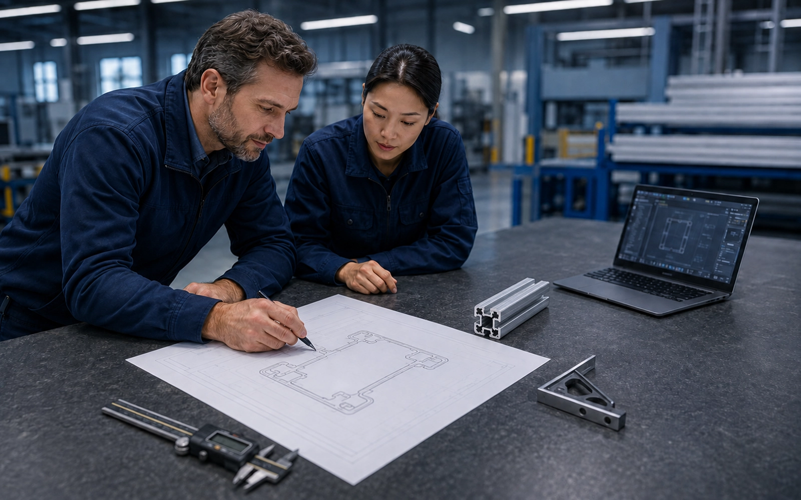 Engineers reviewing an EV aluminum profile drawing and finished-part requirement