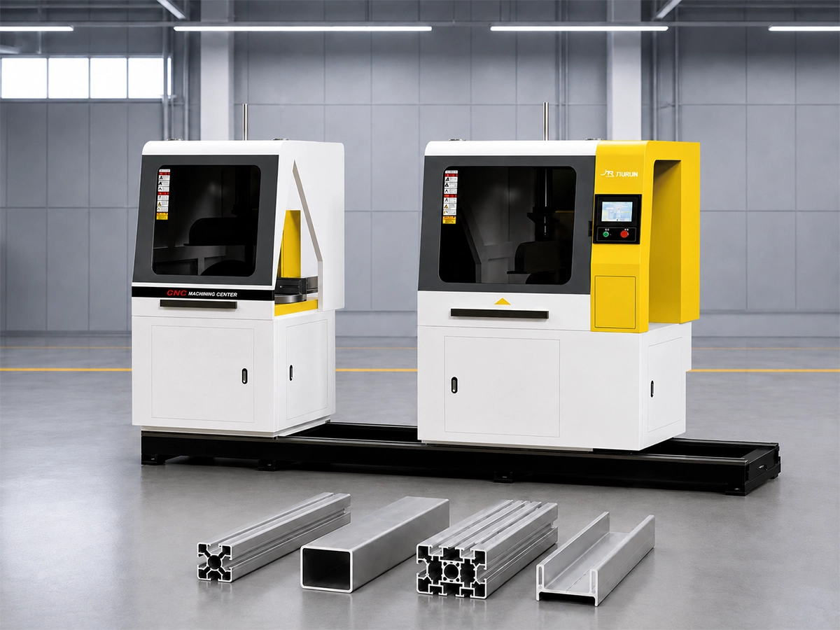 Jiurun JR-550 aluminum profile cutting machine with varied industrial extrusion samples