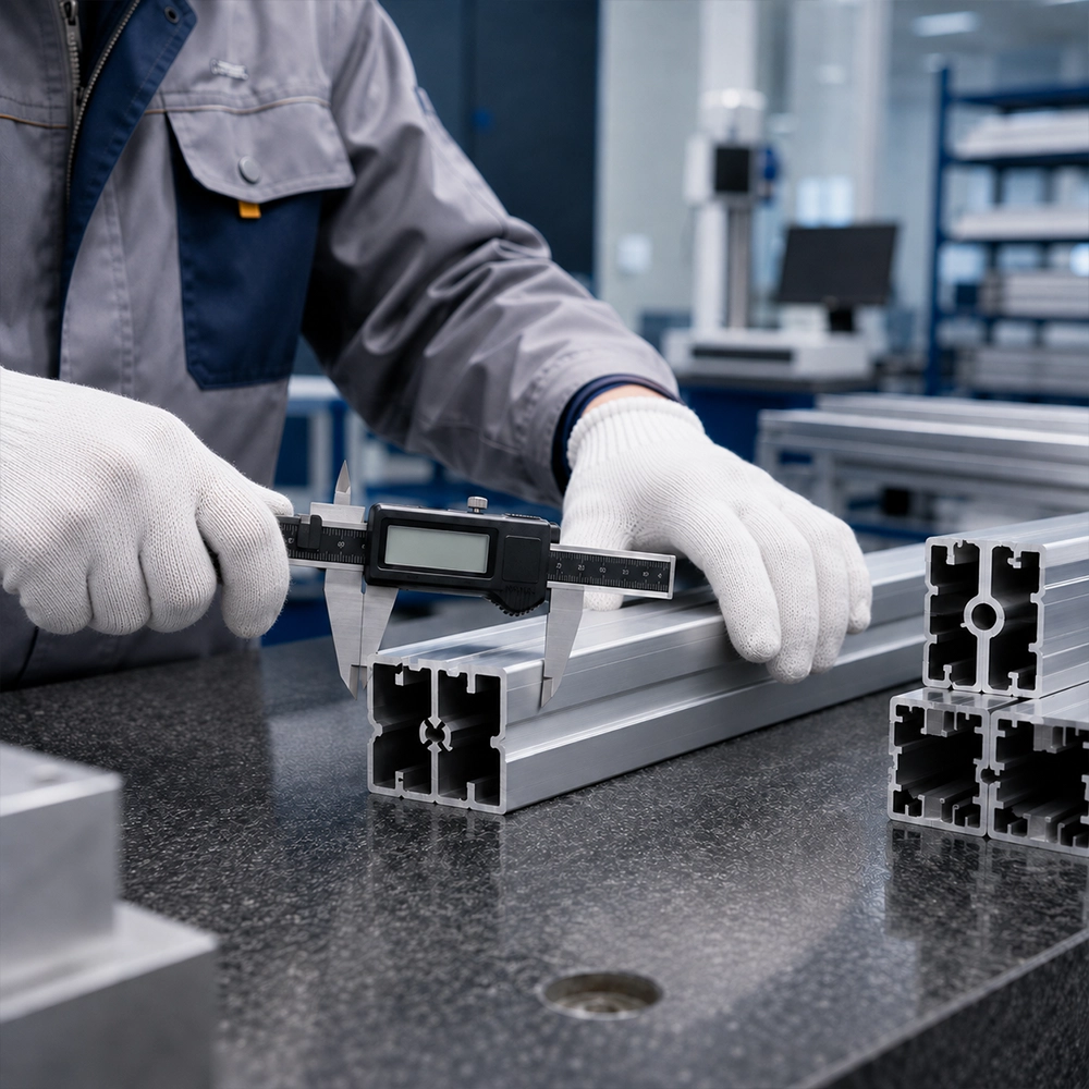 Digital caliper inspection of a precision circular-sawn aluminum profile