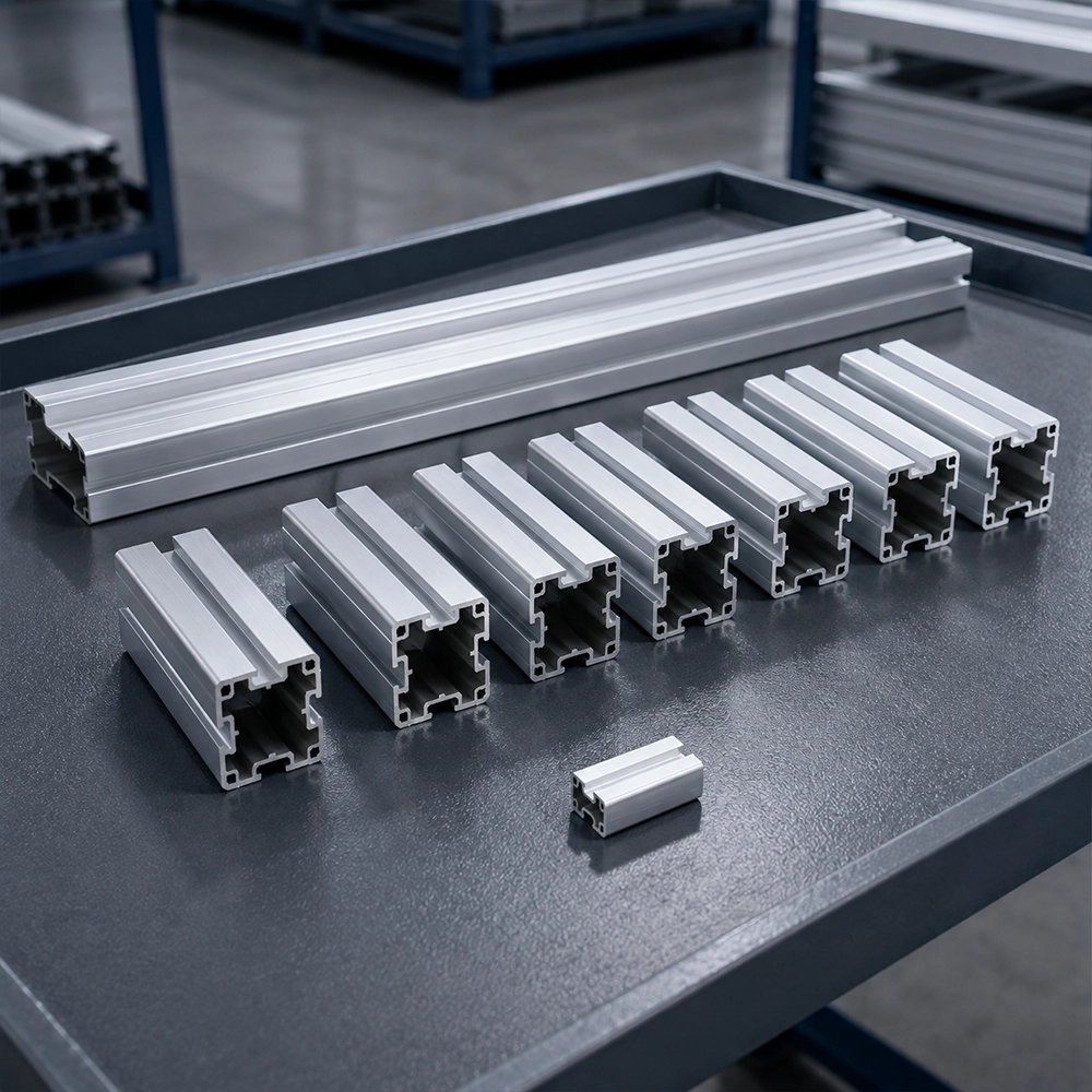 Short aluminum tail material beside equal-length circular-sawn finished parts