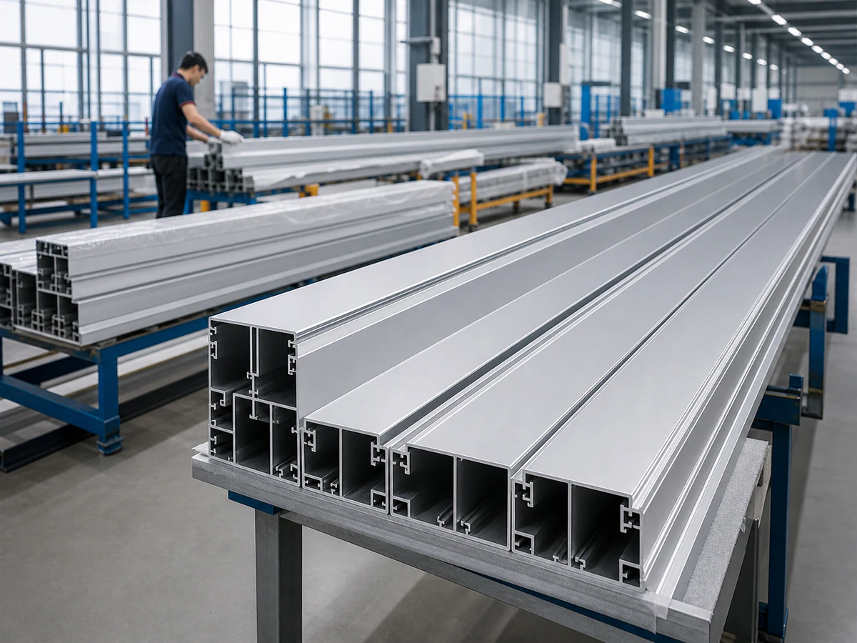 Curtain wall aluminum mullion profiles prepared for controlled cutting