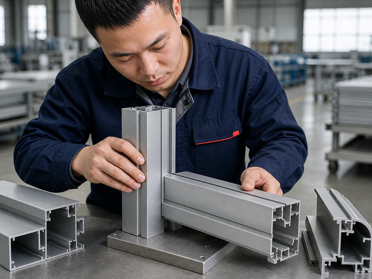 Miter-cut curtain wall aluminum profiles checked for corner joint fit