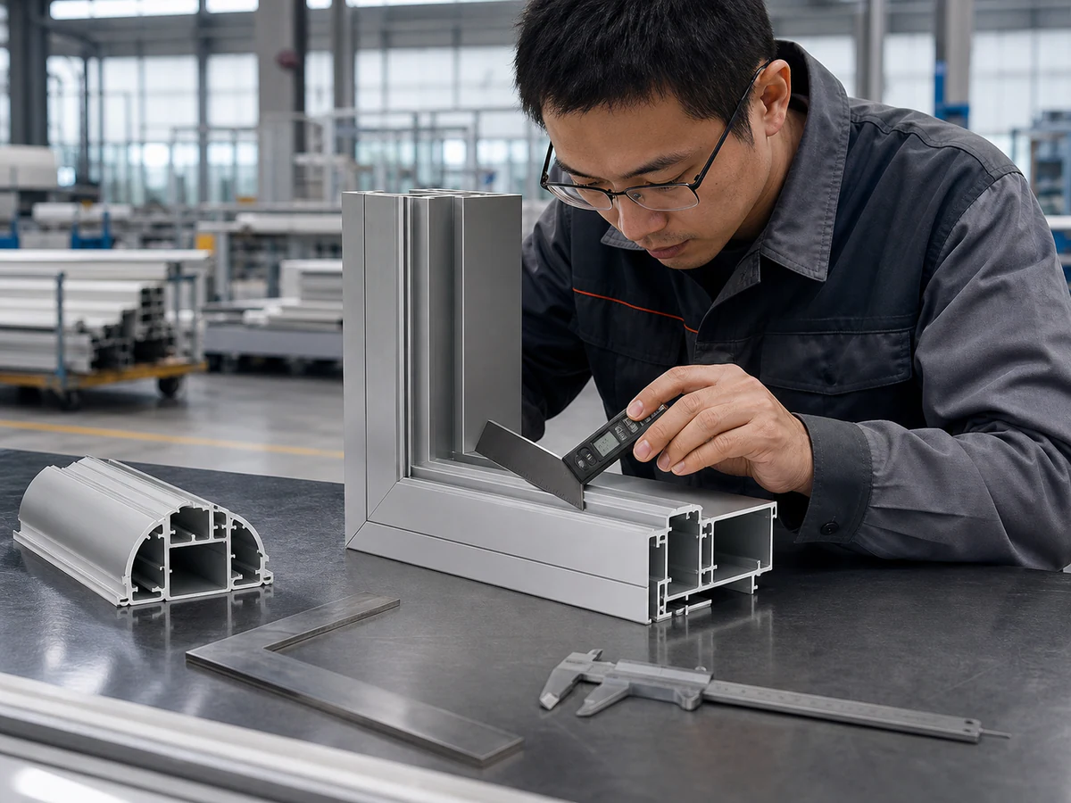 Curtain wall aluminum profile checked for cutting angle and finished length