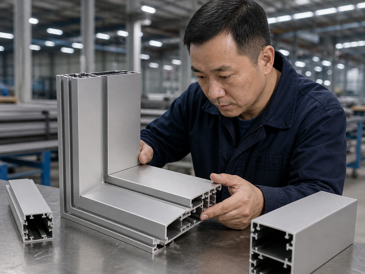 Curtain wall aluminum sample assembly checked for joint fit and surface condition