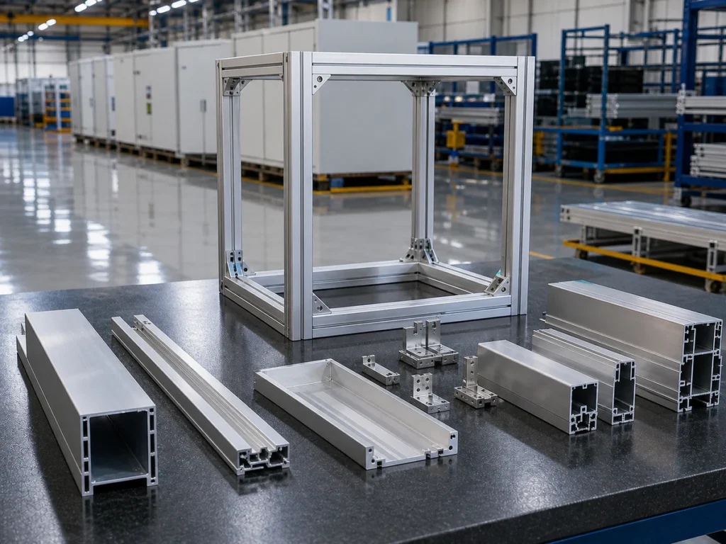 Energy storage frame profile families: PACK members, cabinet rails and enclosure sections