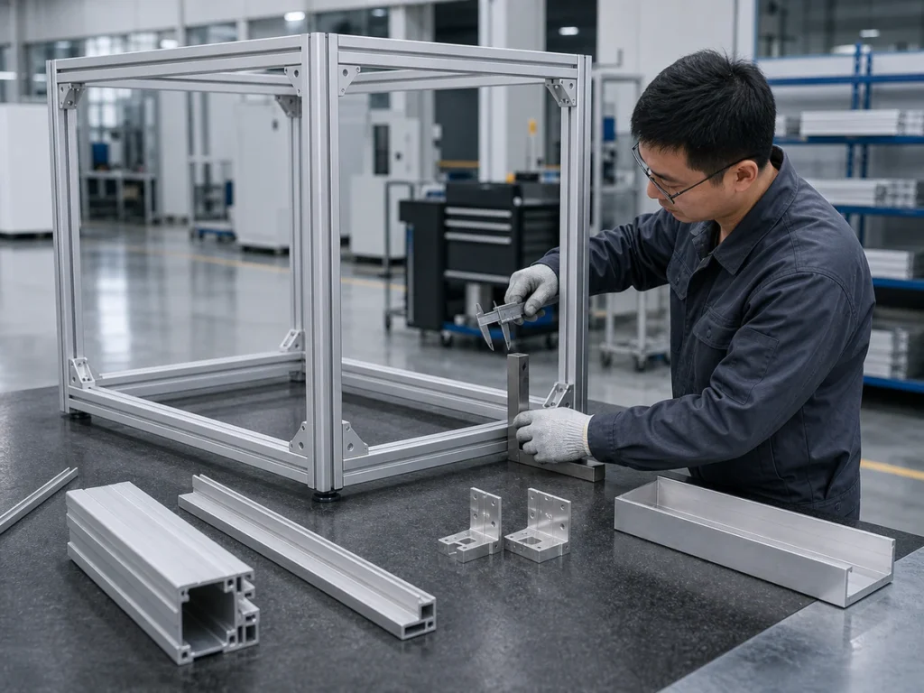 Engineer checking an aluminum frame against an assembly reference