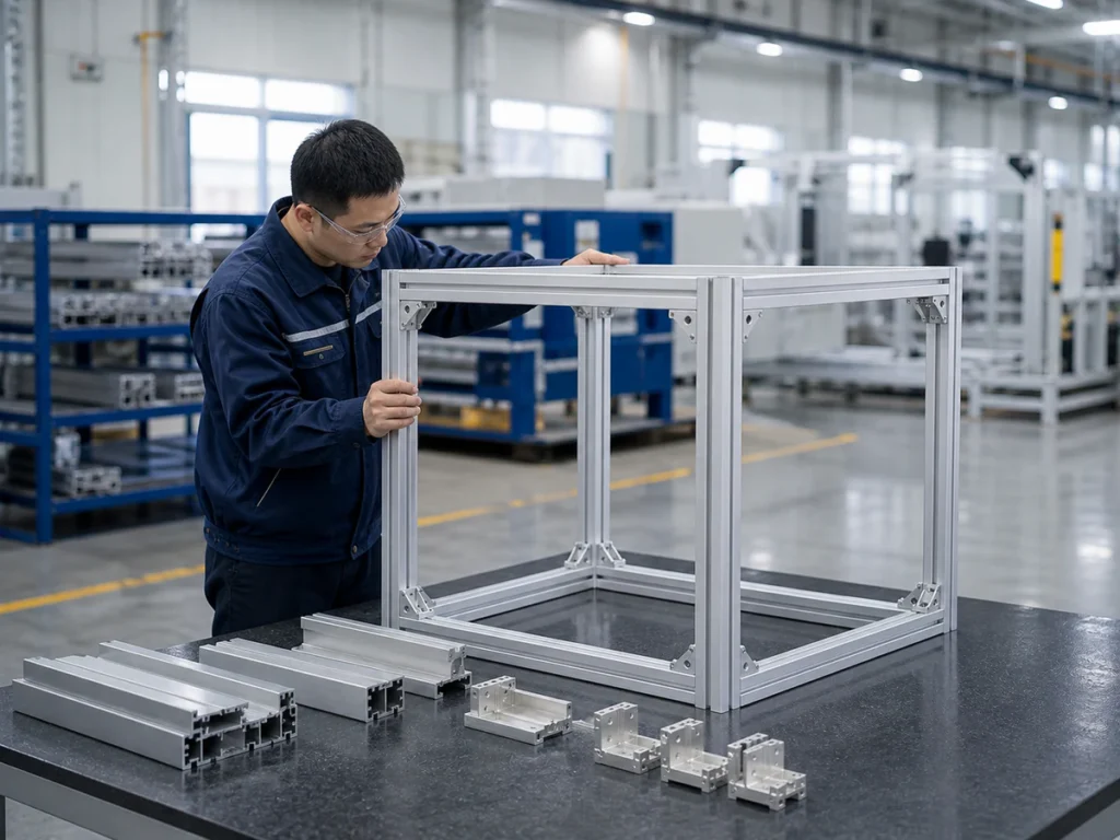 Energy storage aluminum frame sample checked for assembly fit after cutting