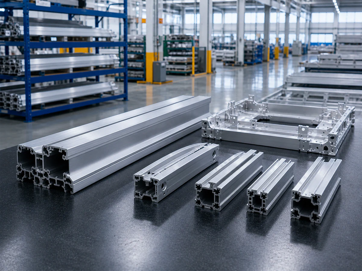 Battery tray side rail aluminum extrusions prepared for repeat cutting