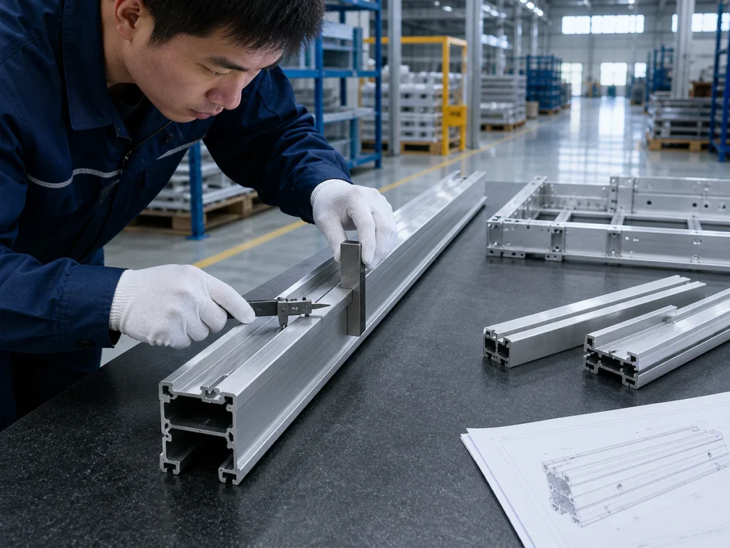 Engineer checking a cut aluminum profile against a drawing reference