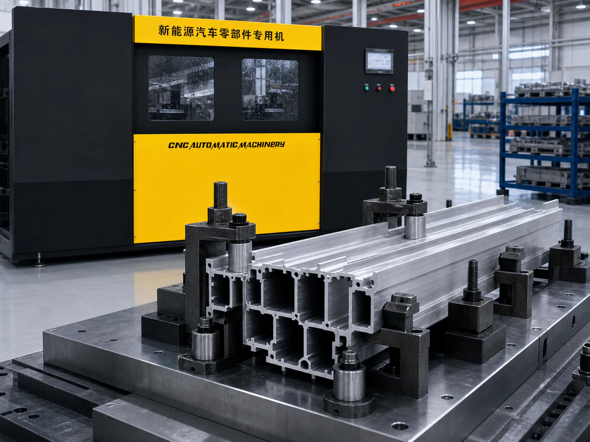 Profile-specific support and clamping contact for a multi-cavity EV aluminum section