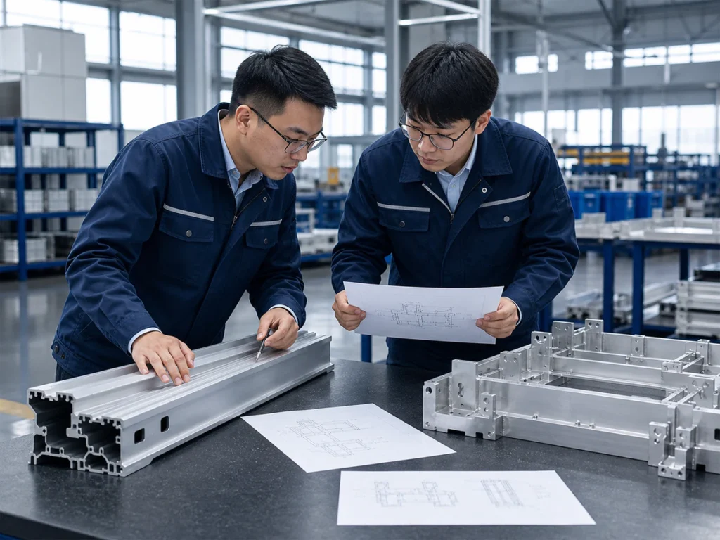 Engineers reviewing an aluminum structural profile drawing beside sample parts