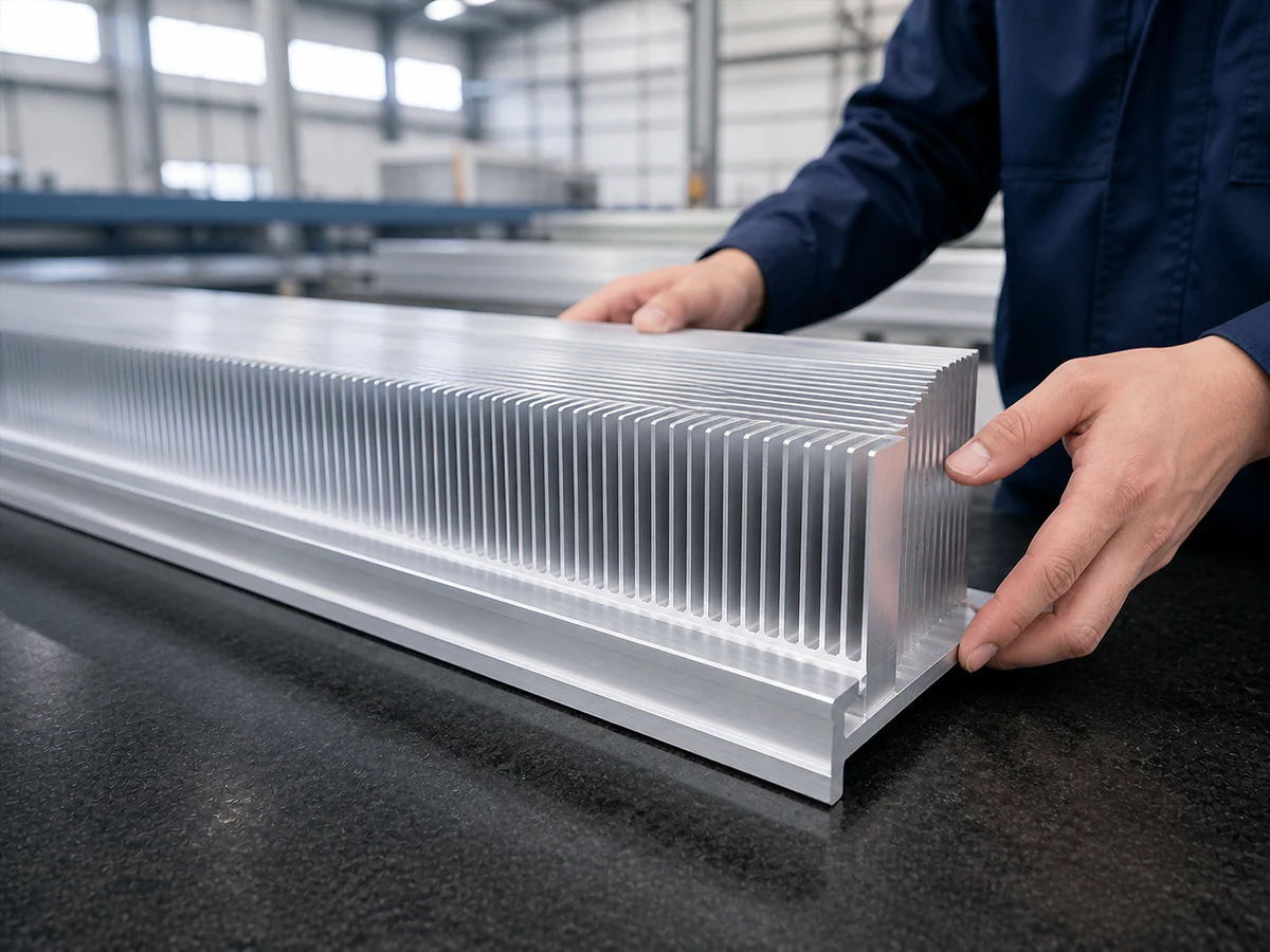 Dense thin-fin aluminum heat sink profile with a clean saw-cut end