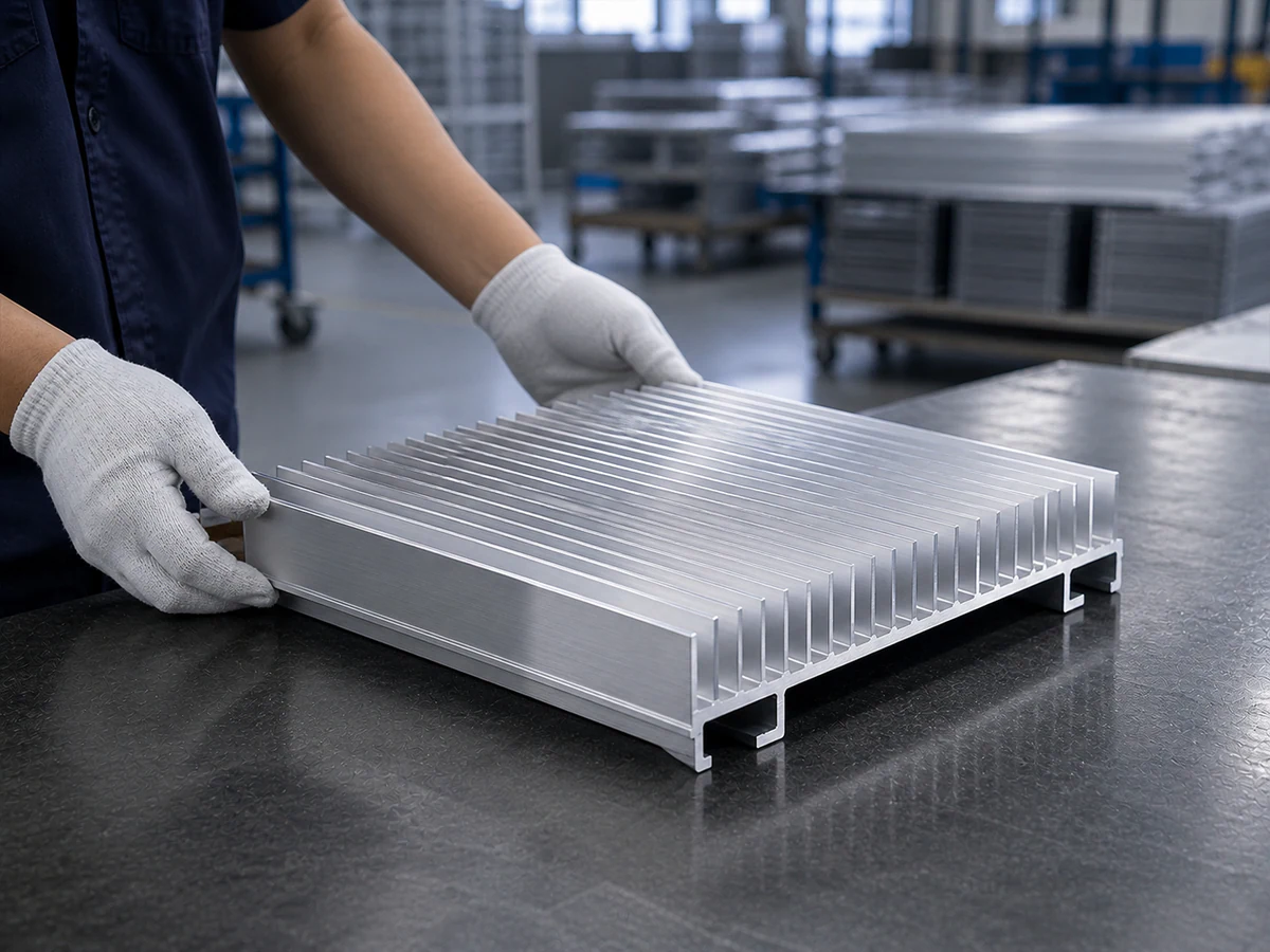 Wide finned aluminum heat sink profile supported for cutting