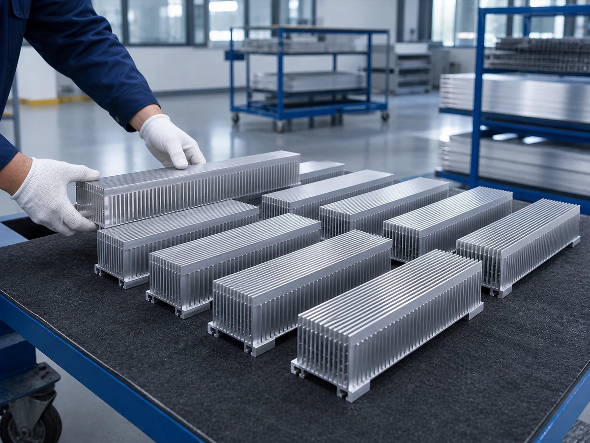 Finished aluminum heat sink parts arranged for batch quality review