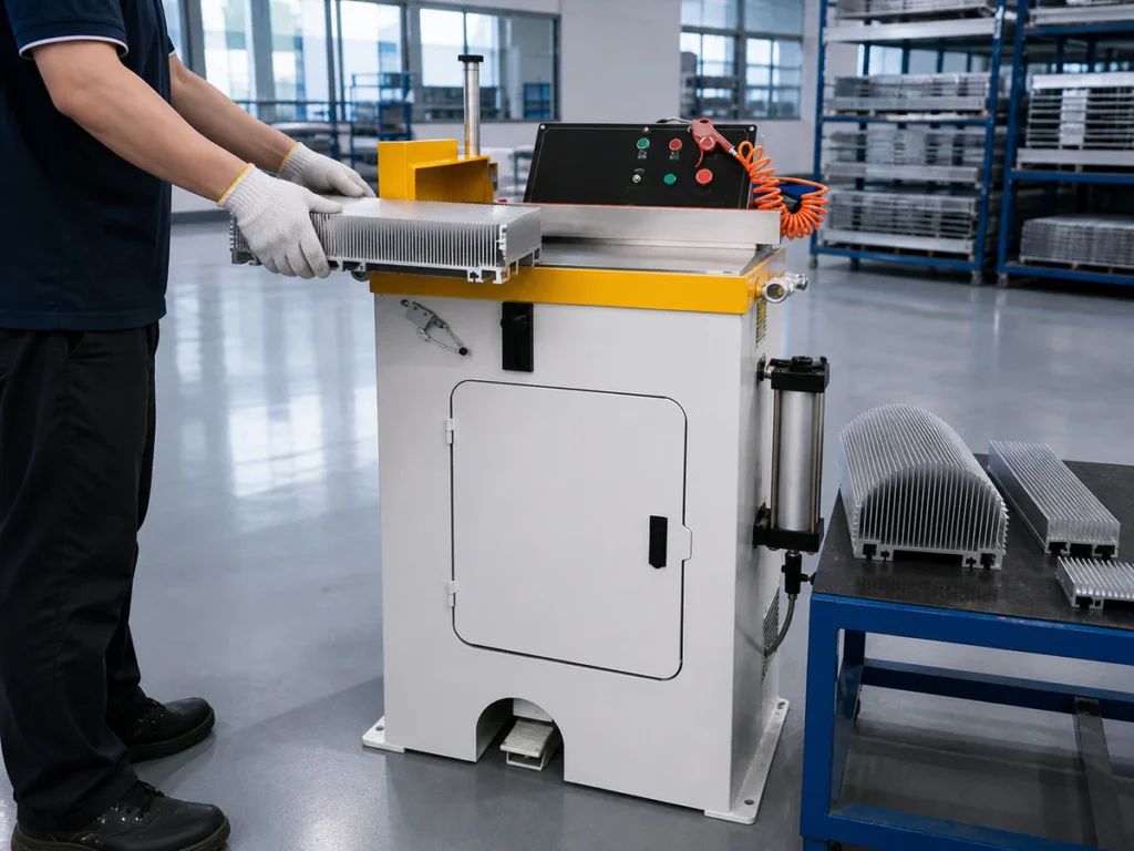 Heat sink profile clamped on the strong base while thin fins remain protected