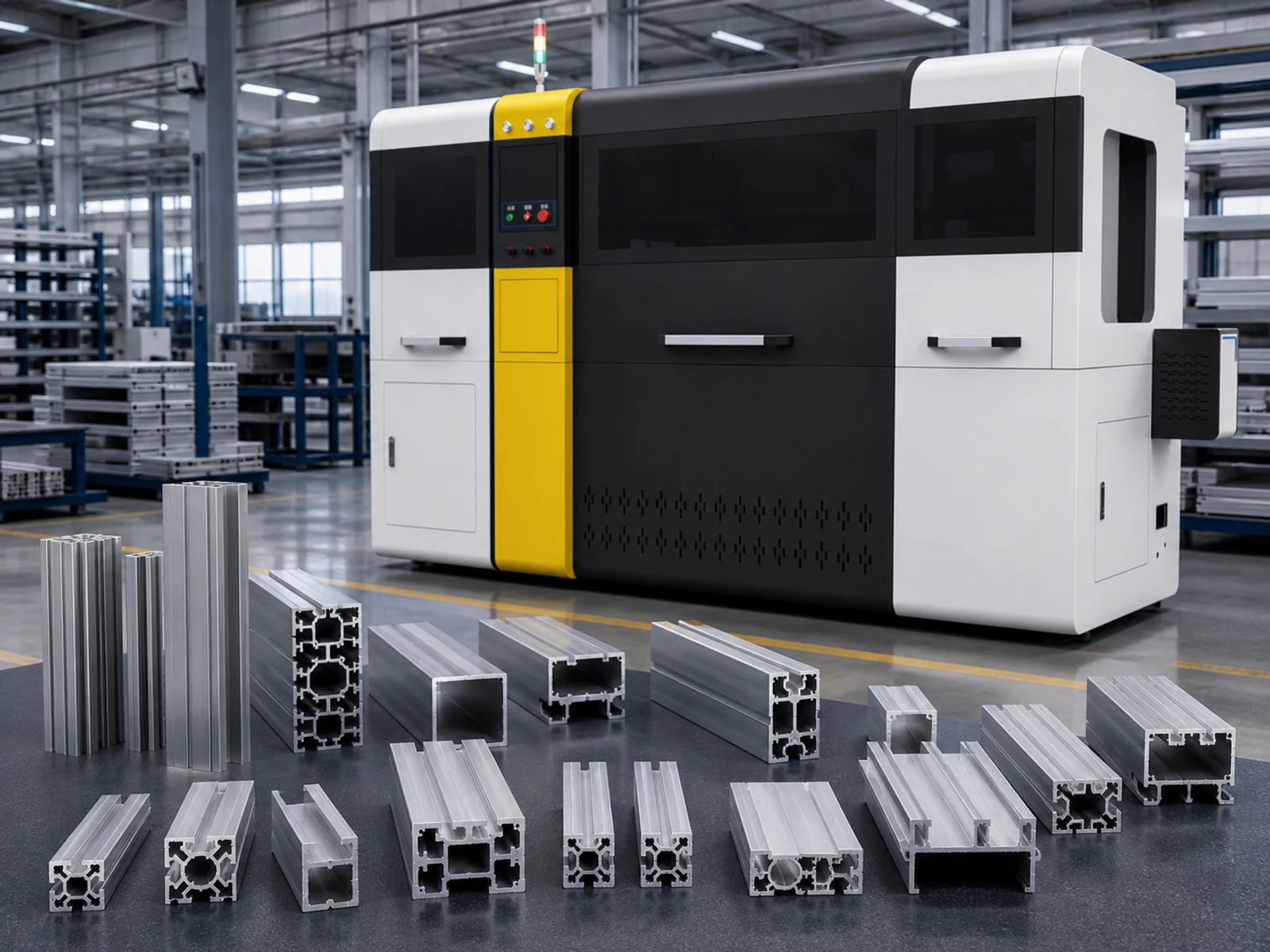 Industrial aluminum cutting machine with varied profile sections
