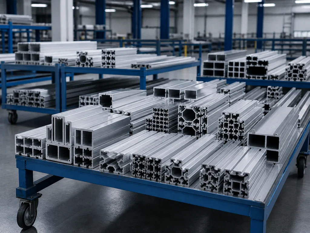 Different industrial aluminum profile batches arranged together for production planning