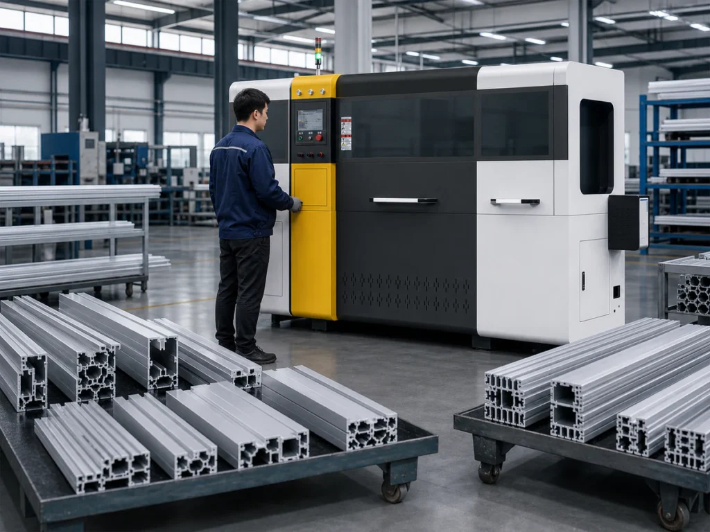 Industrial aluminum profile batch production using a Jiurun automatic cutting machine