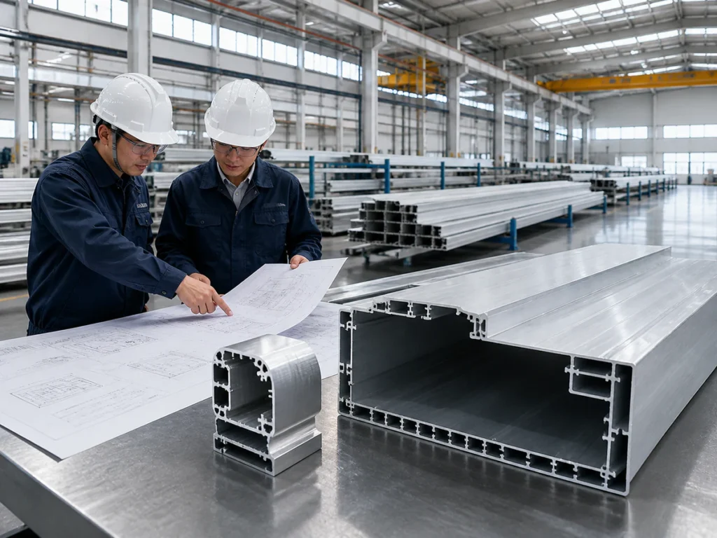 Engineers reviewing a large aluminum profile drawing beside sample sections