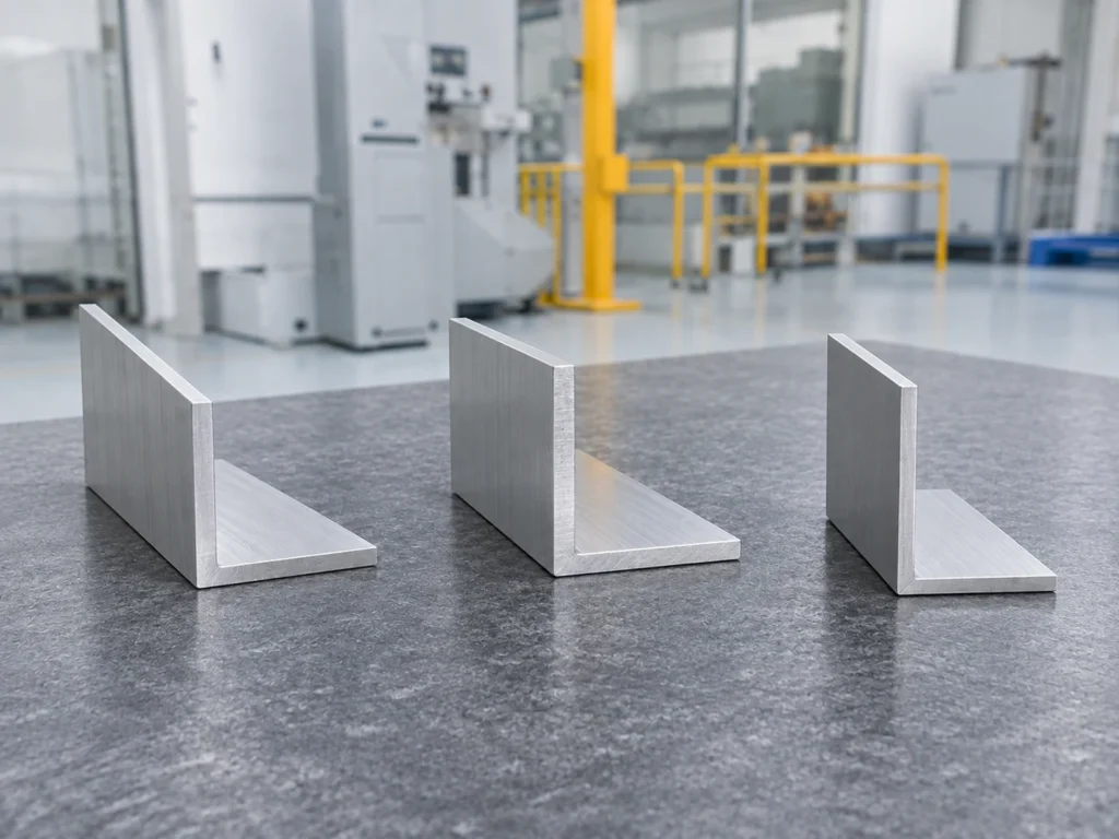 Three aluminum angle sections arranged with their cut ends visible