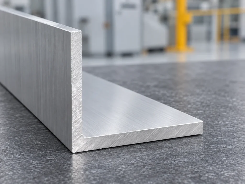 Close view of an L-shaped aluminum angle cut end, showing the inside corner and the ends of both legs.